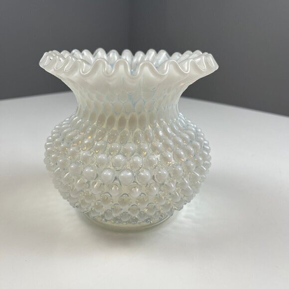 Vtg Fenton hobnail opalescent glass candy trinket dish, vase, parfum bottle set - Picture 5 of 16